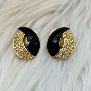 Vintage Monet Earrings, Black Enamel with Rhinestone Clip On.